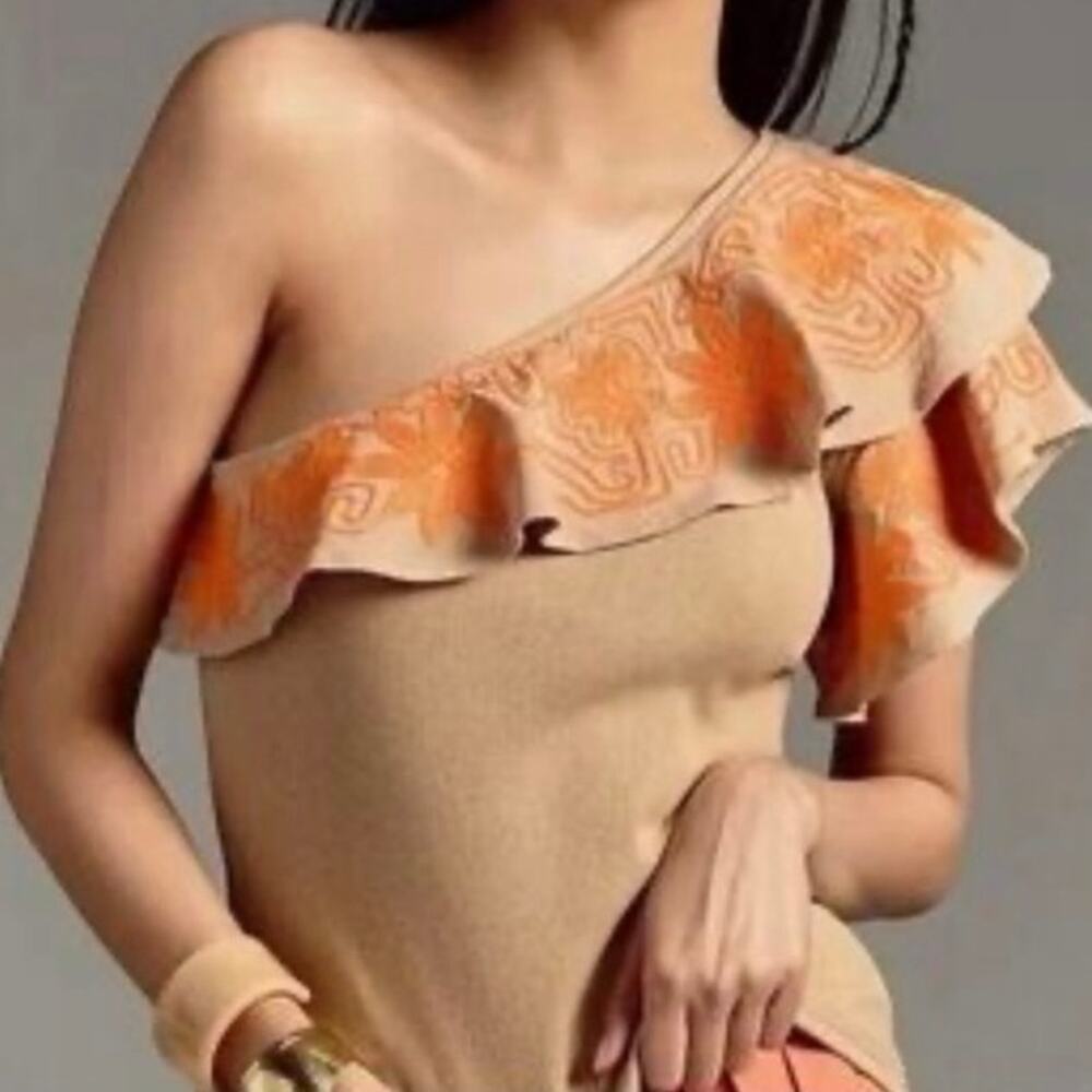 Dolan One Shoulder Tan Ribbed Knit Top Women’s L Orange Embroidered Floral Trim - Picture 7 of 10